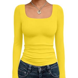 Trendy Queen Womens Long Sleeve Shirts Crop Tops Fall Fashion 2025 Square Neck Going Out Basics Tees Y2k Clothes(Yellow)