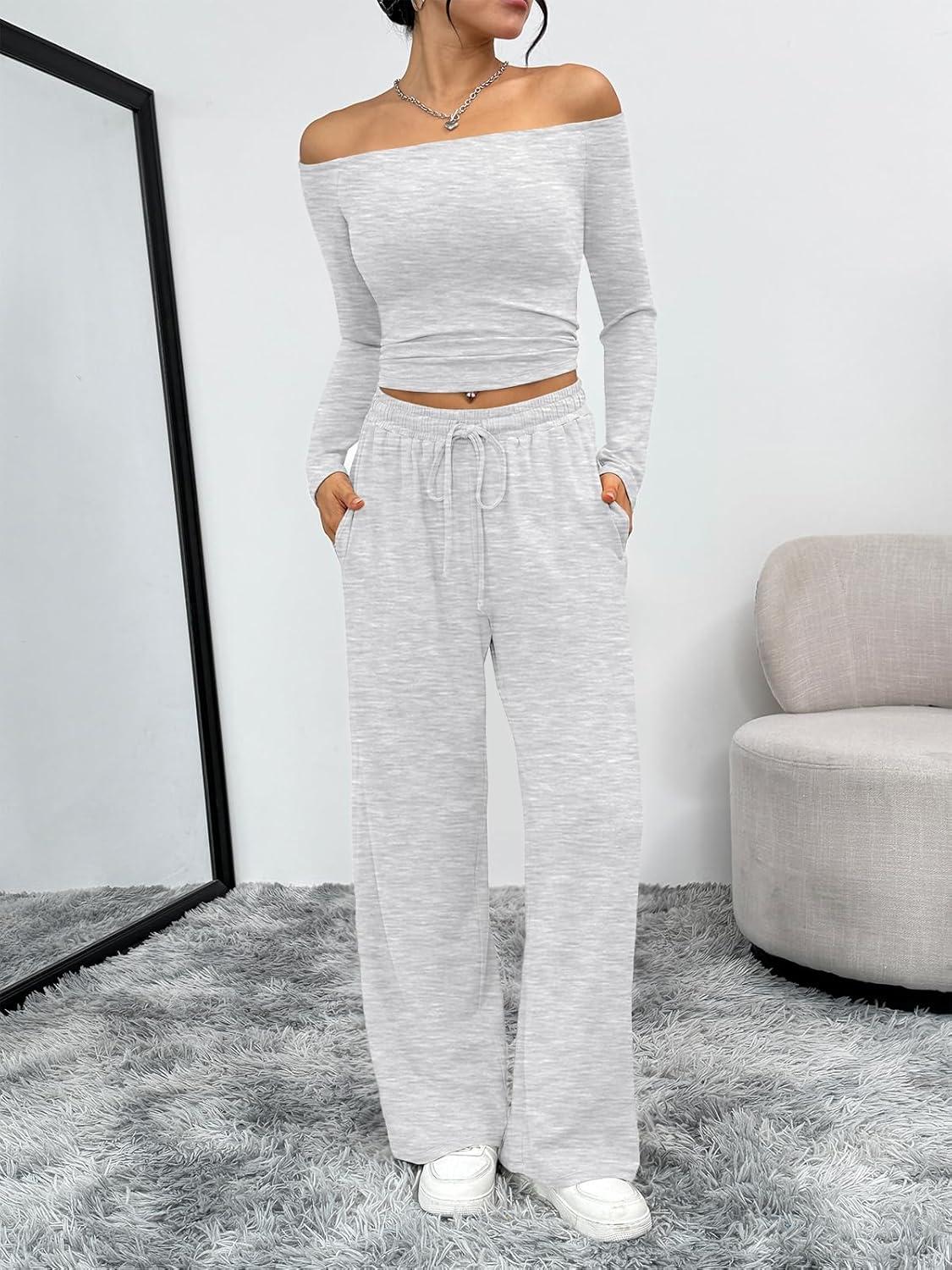 imageTrendy Queen 2 Piece Off Shoulder Set Womens Wide Leg Pants Side Ruching Slightly Crop Top SetsOatmeal Grey