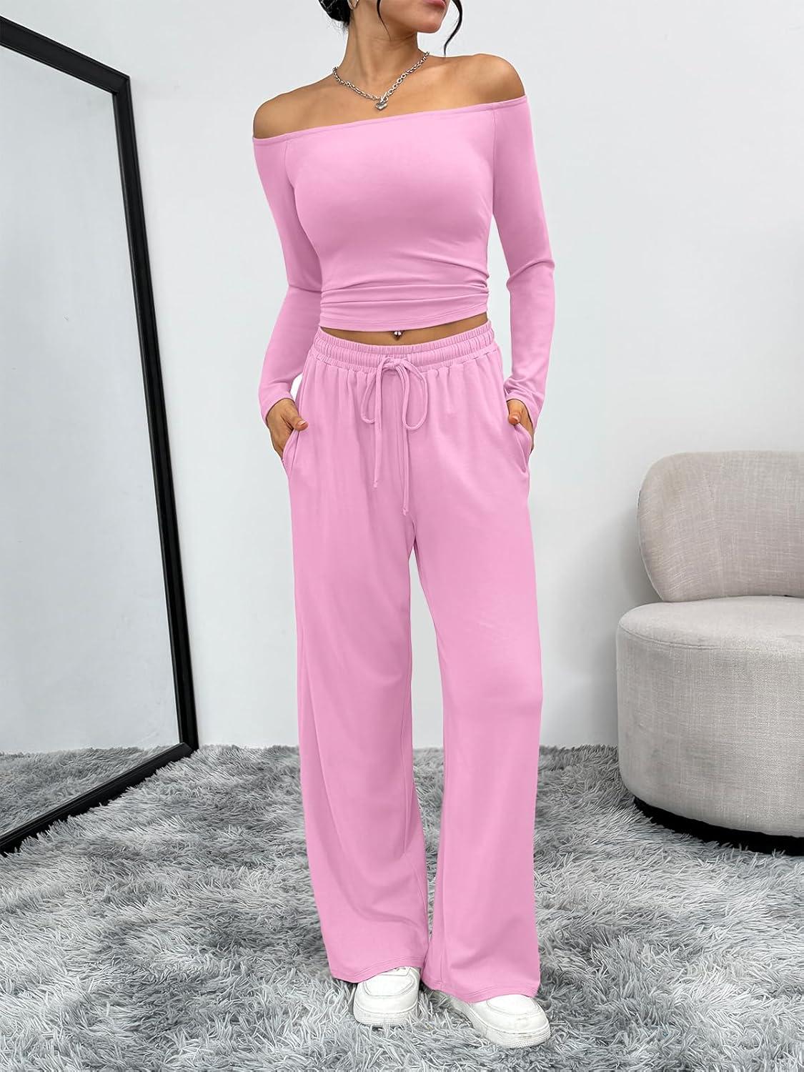 imageTrendy Queen 2 Piece Off Shoulder Set Womens Wide Leg Pants Side Ruching Slightly Crop Top SetsPink