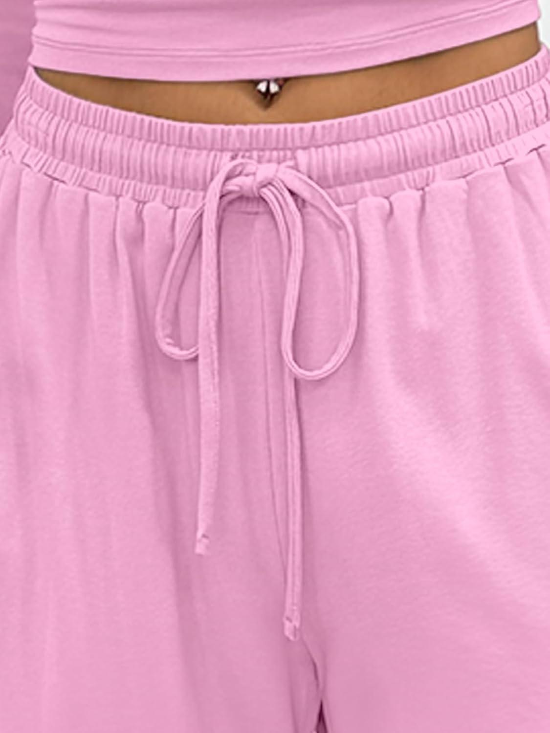 imageTrendy Queen 2 Piece Off Shoulder Set Womens Wide Leg Pants Side Ruching Slightly Crop Top SetsPink