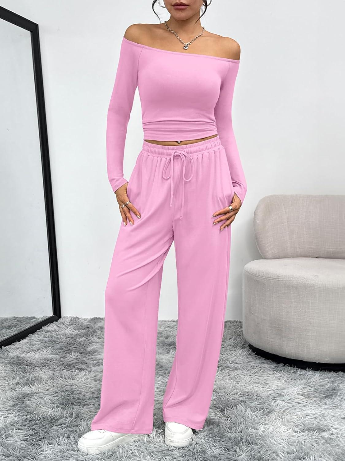 imageTrendy Queen 2 Piece Off Shoulder Set Womens Wide Leg Pants Side Ruching Slightly Crop Top SetsPink