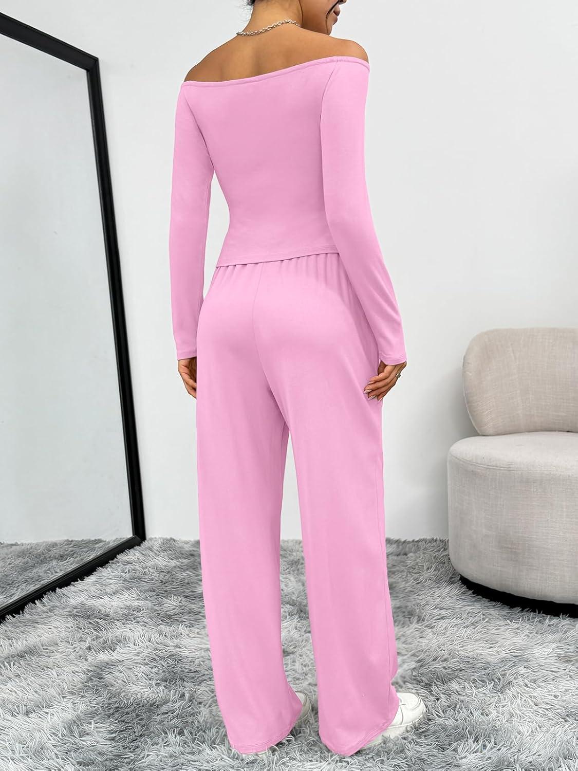 imageTrendy Queen 2 Piece Off Shoulder Set Womens Wide Leg Pants Side Ruching Slightly Crop Top SetsPink