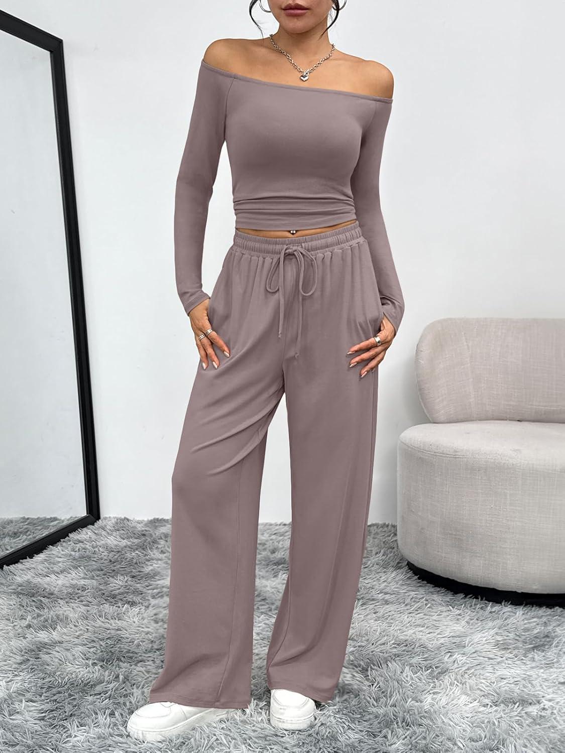imageTrendy Queen 2 Piece Off Shoulder Set Womens Wide Leg Pants Side Ruching Slightly Crop Top SetsRose Taupe