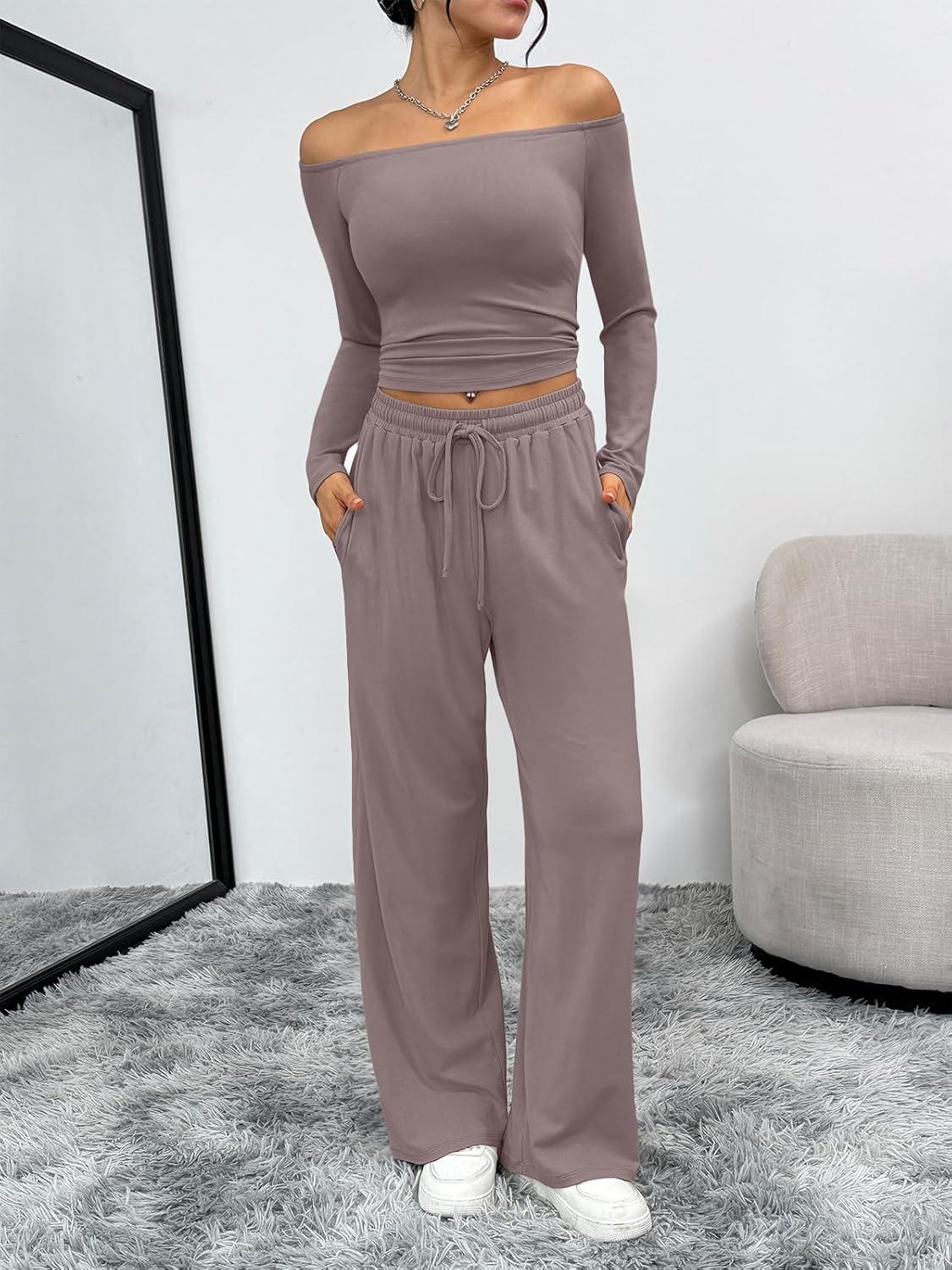 imageTrendy Queen 2 Piece Off Shoulder Set Womens Wide Leg Pants Side Ruching Slightly Crop Top SetsRose Taupe