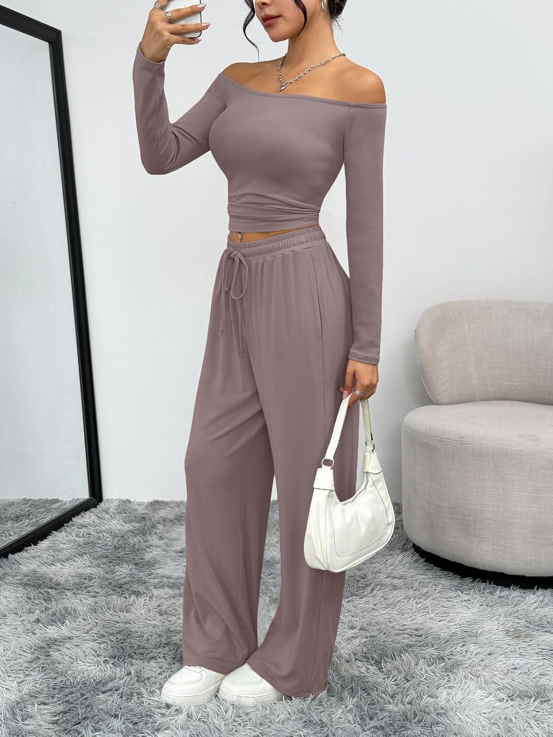 imageTrendy Queen 2 Piece Off Shoulder Set Womens Wide Leg Pants Side Ruching Slightly Crop Top SetsRose Taupe