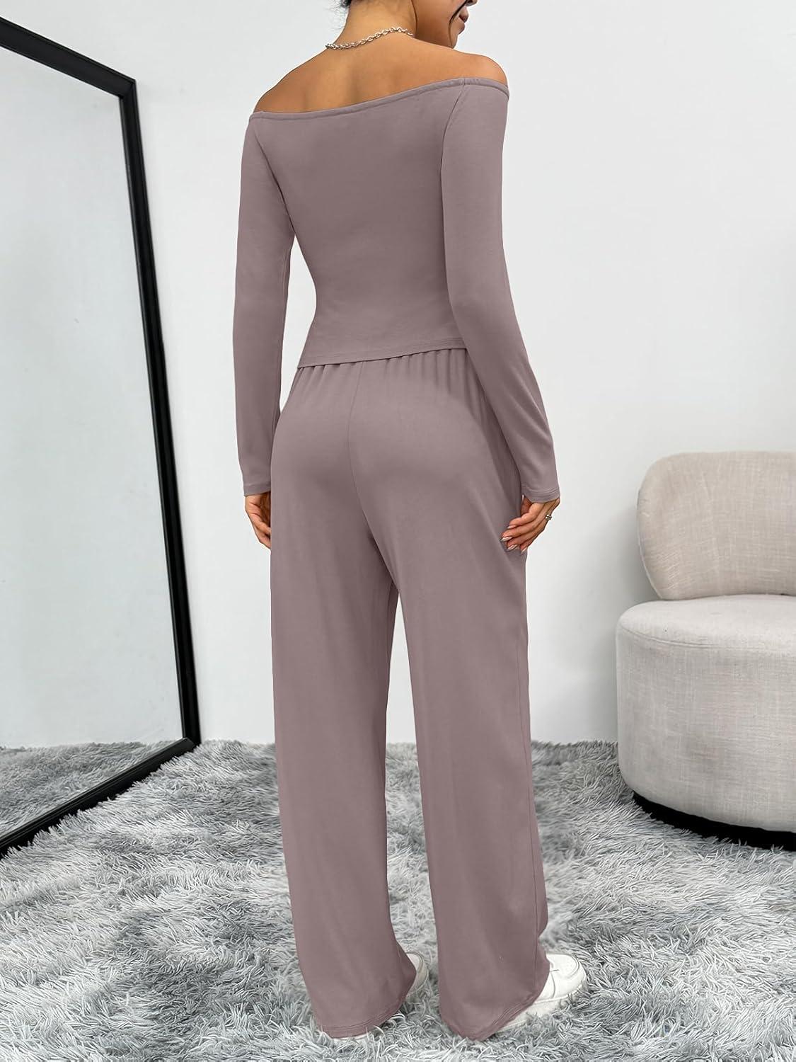 imageTrendy Queen 2 Piece Off Shoulder Set Womens Wide Leg Pants Side Ruching Slightly Crop Top SetsRose Taupe