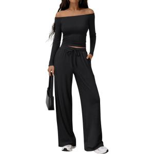 Trendy Queen 2 Piece Off Shoulder Set Womens Wide Leg Pants Side Ruching Slightly Crop Top Sets(Black)