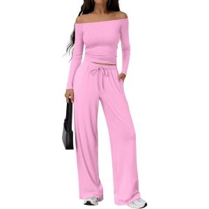 Trendy Queen 2 Piece Off Shoulder Set Womens Wide Leg Pants Side Ruching Slightly Crop Top Sets(Pink)