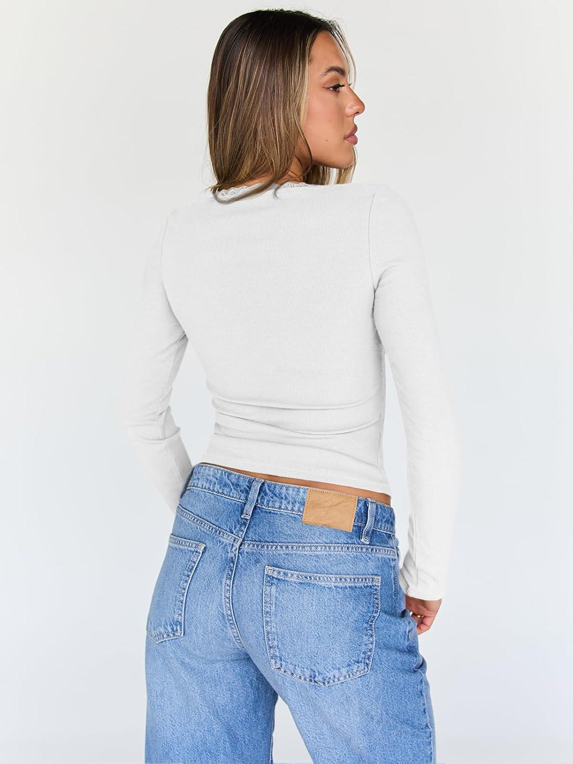 imageTrendy Queen Womens Long Sleeve Shirts Crop Square Neck Ribbed Tops Basic Slim Fit Y2K Fall Winter Clothes Outfits 2025White
