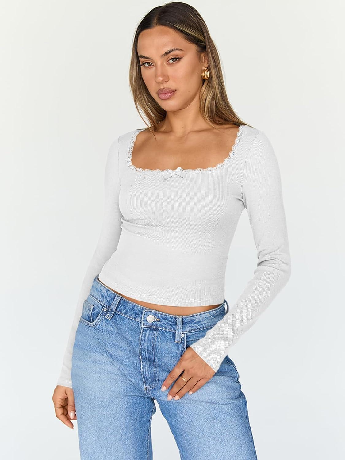 imageTrendy Queen Womens Long Sleeve Shirts Crop Square Neck Ribbed Tops Basic Slim Fit Y2K Fall Winter Clothes Outfits 2025White