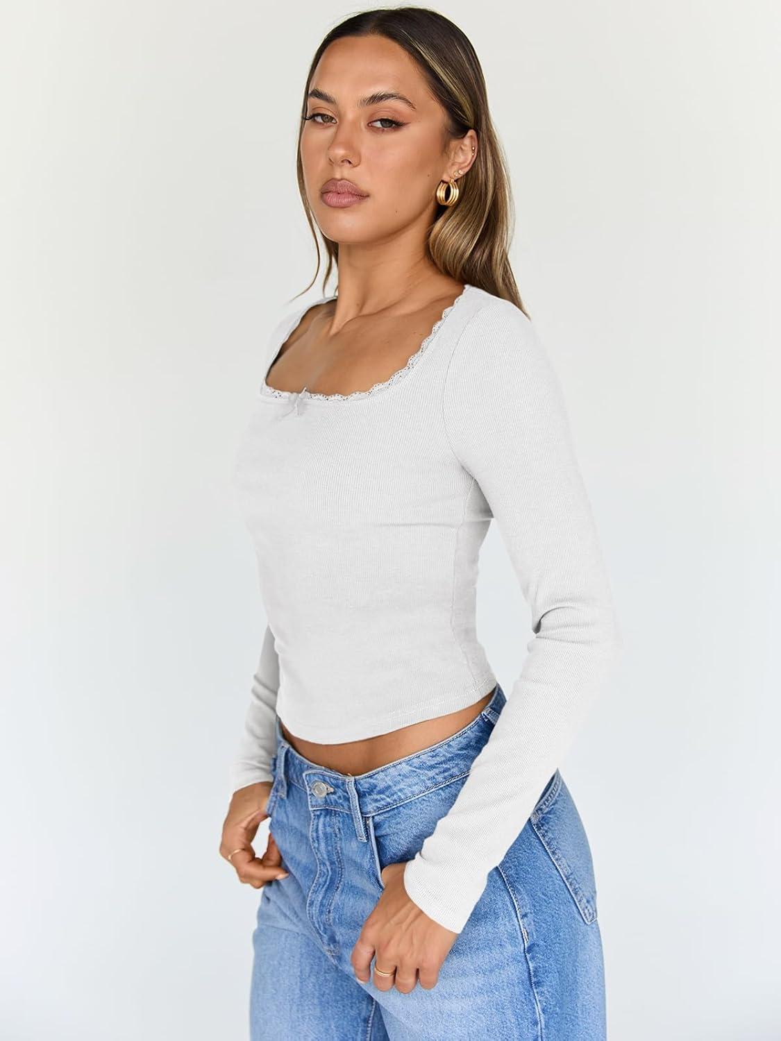 imageTrendy Queen Womens Long Sleeve Shirts Crop Square Neck Ribbed Tops Basic Slim Fit Y2K Fall Winter Clothes Outfits 2025White