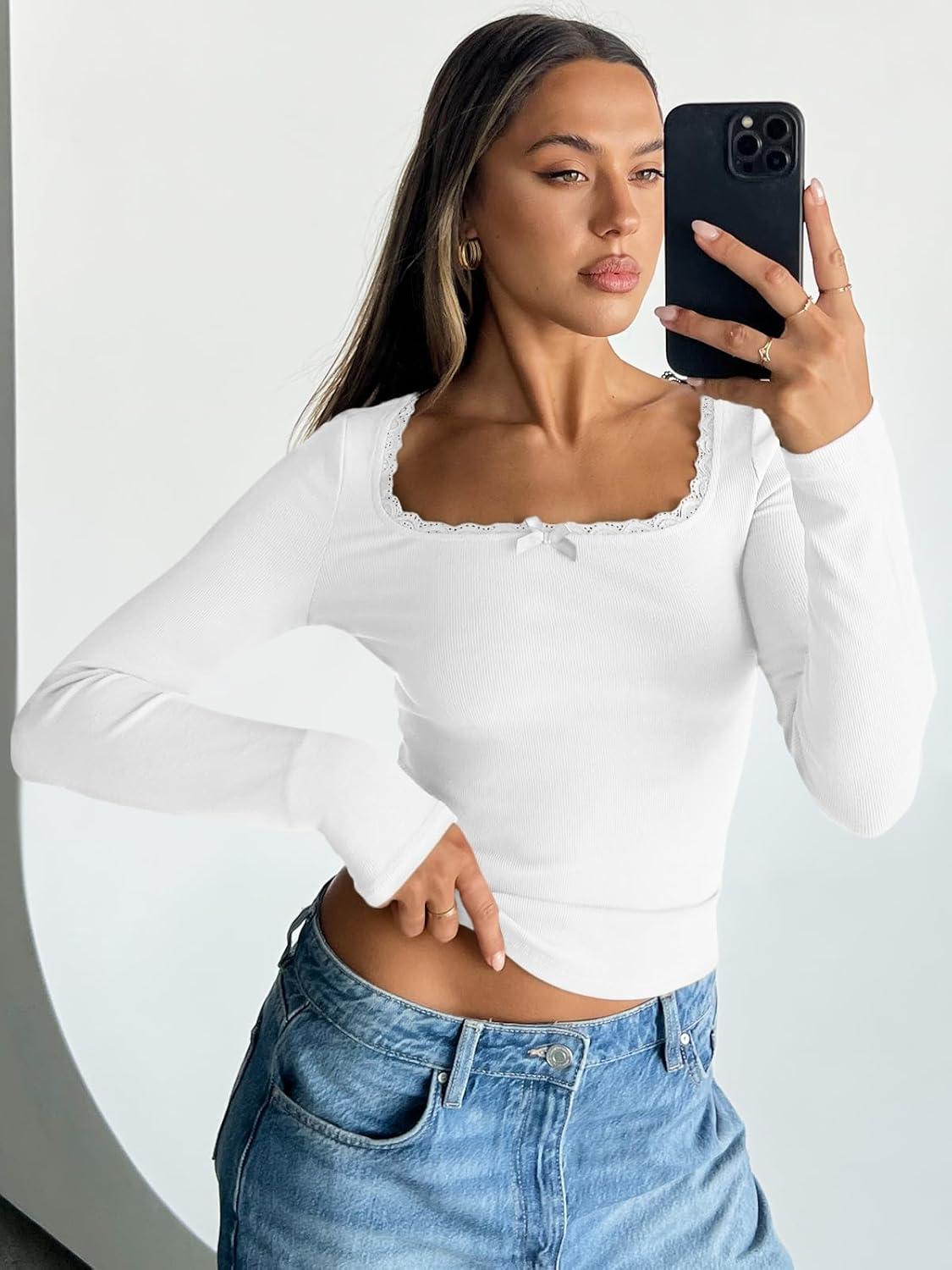 imageTrendy Queen Womens Long Sleeve Shirts Crop Square Neck Ribbed Tops Basic Slim Fit Y2K Fall Winter Clothes Outfits 2025White