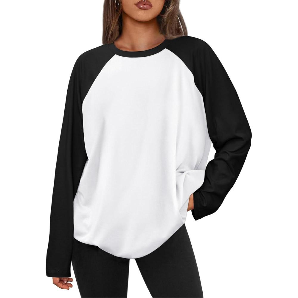 imageTrendy Queen Women Oversized Long Sleeve Shirt 2025 Summer Casual Basics Top Loose Fit Tee Fashion Cute ClothesWhiteblack