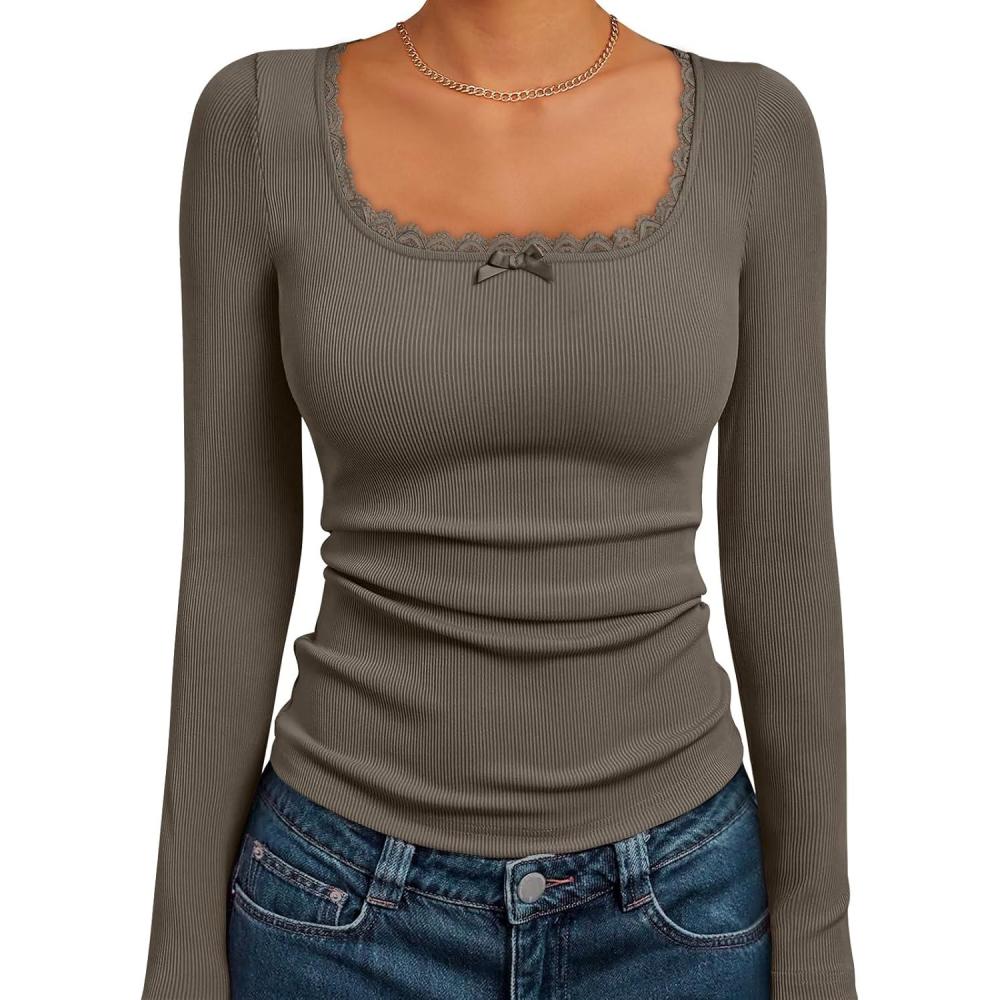 imageTrendy Queen Womens Long Sleeve Shirts Crop Square Neck Ribbed Tops Basic Slim Fit Y2K Fall Winter Clothes Outfits 2025Coffee