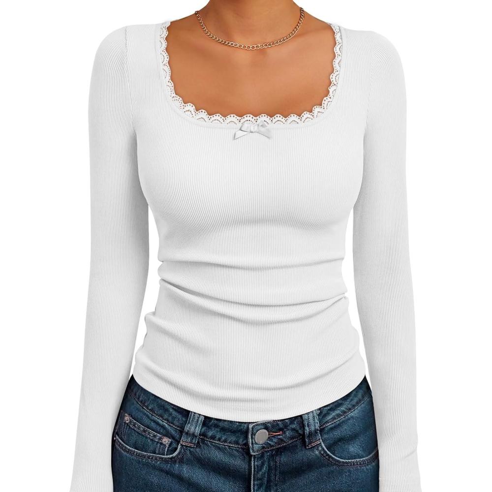 imageTrendy Queen Womens Long Sleeve Shirts Crop Square Neck Ribbed Tops Basic Slim Fit Y2K Fall Winter Clothes Outfits 2025White