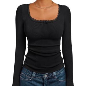 Trendy Queen Womens Long Sleeve Shirts Crop Square Neck Ribbed Tops Basic Slim Fit Y2K Fall Winter Clothes Outfits 2025(Black)