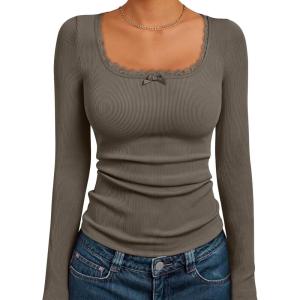 Trendy Queen Womens Long Sleeve Shirts Crop Square Neck Ribbed Tops Basic Slim Fit Y2K Fall Winter Clothes Outfits 2025(Coffee)