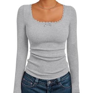 Trendy Queen Womens Long Sleeve Shirts Crop Square Neck Ribbed Tops Basic Slim Fit Y2K Fall Winter Clothes Outfits 2025(Grey)