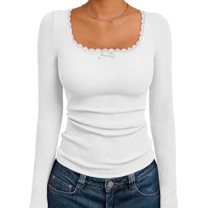 Trendy Queen Womens Long Sleeve Shirts Crop Square Neck Ribbed Tops Basic Slim Fit Y2K Fall Winter Clothes Outfits 2025(White)