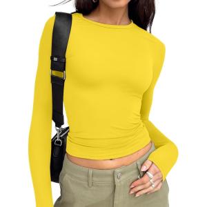 Trendy Queen Womens Long Sleeve T Shirts Fall Fashion 2025 Basic Crop Tops Going Out Outfits Y2k Clothes(Bright Yellow)