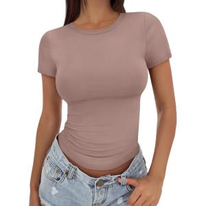 Trendy Queen Womens Basic T Shirts Summer Tops 2026 Crop Short Sleeve Slim Fit Tee Cute Gym Workout Clothes(Grayishpurple)