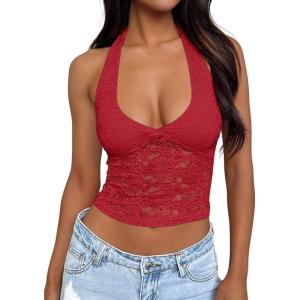 Trendy Queen Womens Going Out Tops Lace V-Neck Sleeveless Double Lined Halter Y2K Sexy Crop Fashion Tank Top 2025(Red)