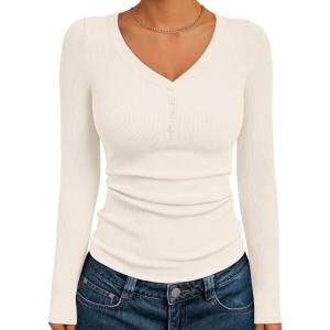 Trendy Queen Womens Long Sleeve Shirts Henley V Neck Ribbed Knit Tops Business Casual Basic Tees(Beige)