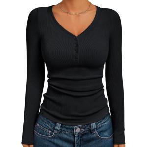 Trendy Queen Womens Long Sleeve Shirts Henley V Neck Ribbed Knit Tops Business Casual Basic Tees(Black)