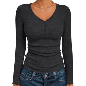 Trendy Queen Womens Long Sleeve Shirts Henley V Neck Ribbed Knit Tops Business Casual Basic Tees(Blackgrey)