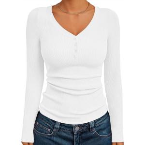 Trendy Queen Womens Long Sleeve Shirts Henley V Neck Ribbed Knit Tops Business Casual Basic Tees(White)