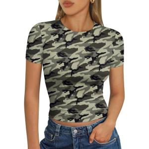 Trendy Queen Womens Short Sleeve T Shirts Summer Crop Tops Basic Slim Fit Gym Workout Y2k Clothes(Camo)