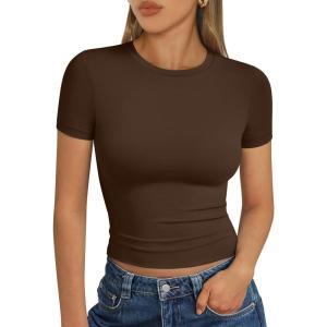 Trendy Queen Womens Short Sleeve T Shirts Summer Crop Tops Basic Slim Fit Gym Workout Y2k Clothes(Chocolate)