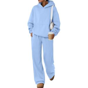 Trendy Queen 2 Piece Lounge Sweat Sets Plus Size Fall Fashion Matching Sweatsuits Wide Leg Pants Travel Outfit Winter Clothes(Lightblue)
