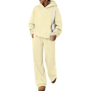 Trendy Queen 2 Piece Lounge Sweat Sets Plus Size Fall Fashion Matching Sweatsuits Wide Leg Pants Travel Outfit Winter Clothes(Lightyellow)