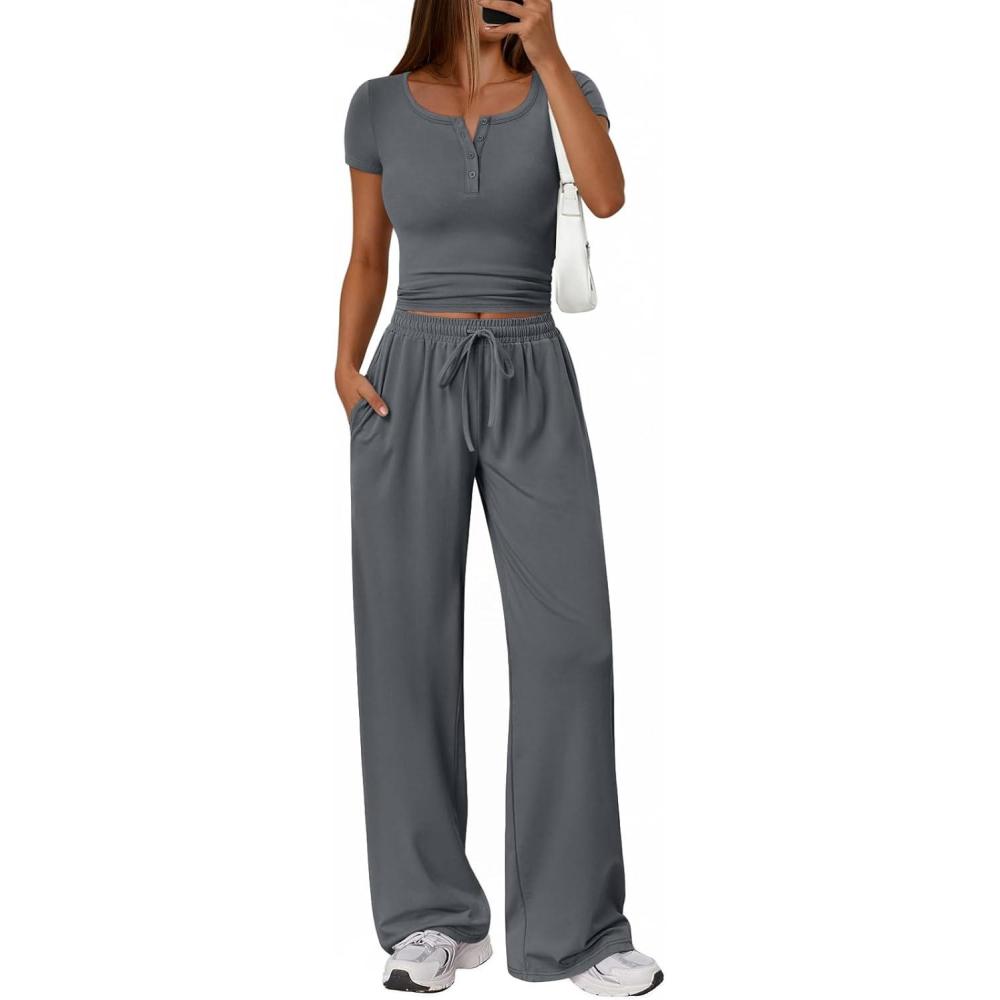 imageTrendy Queen Womens 2 Piece Matching Lounge Sets Summer Henley Neck Slightly Crop Top Wide Leg Pants Casual Sweat SuitDark Grey