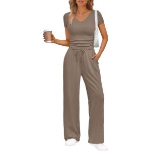 Trendy Queen 2 Piece Lounge Sets for Women Summer Outfits 2026 Fashion Two Piece Loungewear Spring Outfits Clothes(Mocha)
