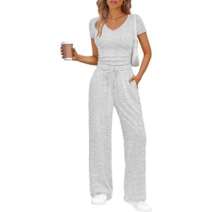 Trendy Queen 2 Piece Lounge Sets for Women Summer Outfits 2026 Fashion Two Piece Loungewear Spring Outfits Clothes(Oatmeal Grey)