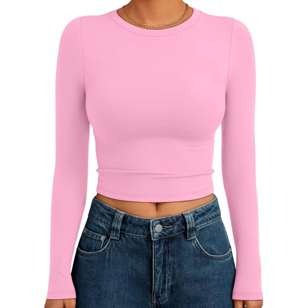 imageTrendy Queen Womens Long Sleeve Crop Tops Basic Slim Fitted Shirts Fashion 2025 Going Out Y2k Tops Teen Girl ClothesRose Pink