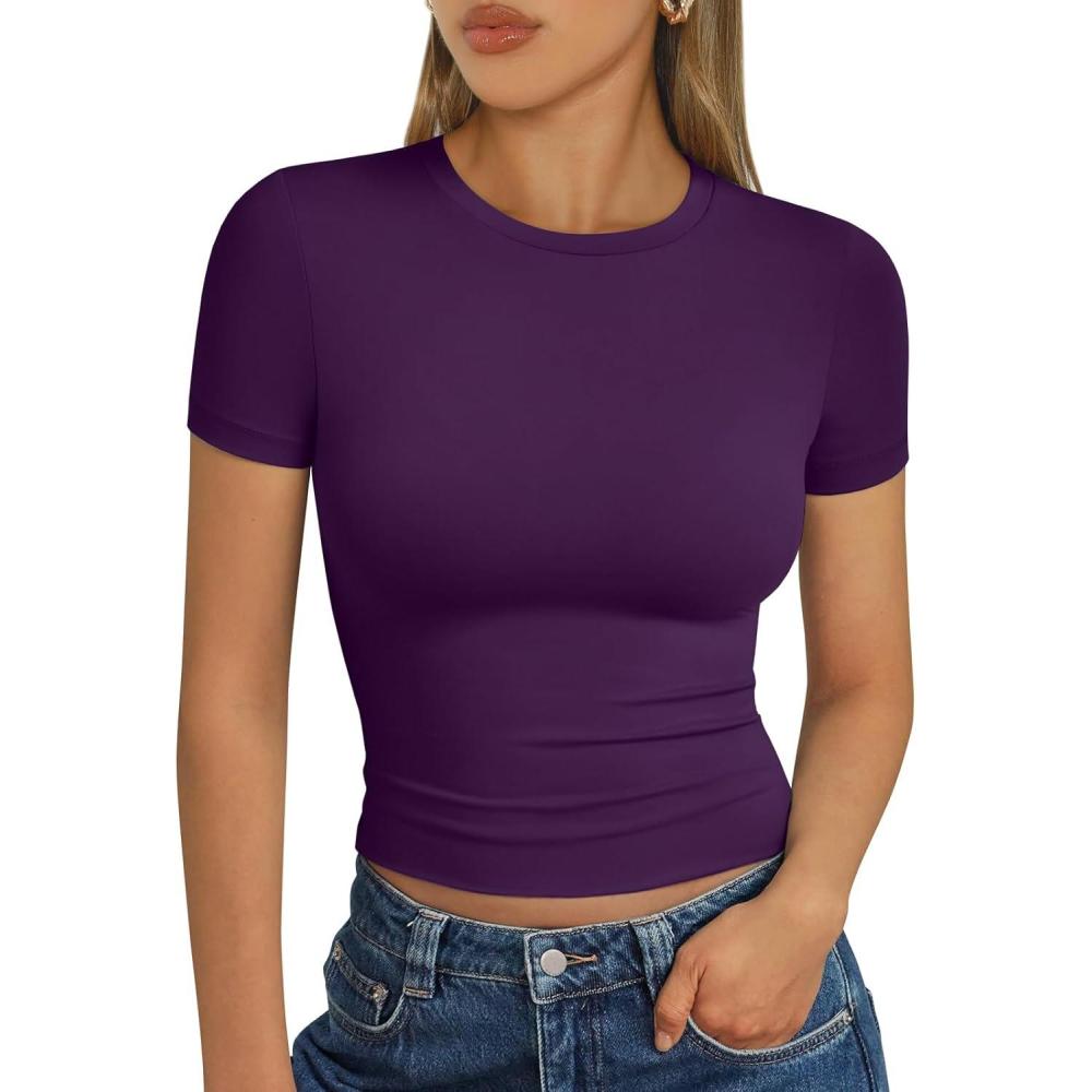 imageTrendy Queen Womens Short Sleeve T Shirts Summer Crop Tops Basic Slim Fit Gym Workout Y2k ClothesDeep Purple