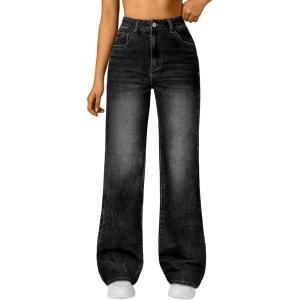 Trendy Queen Women’s High Waisted Straight Wide Leg Jeans, Comfort Stretch Baggy Denim Pants(Black)