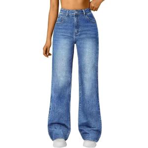 Trendy Queen Women’s High Waisted Straight Wide Leg Jeans, Comfort Stretch Baggy Denim Pants(Blue)