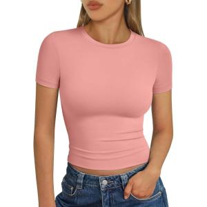 Trendy Queen Womens Short Sleeve T Shirts Summer Crop Tops Basic Slim Fit Gym Workout Y2k Clothes(Peach Pink)