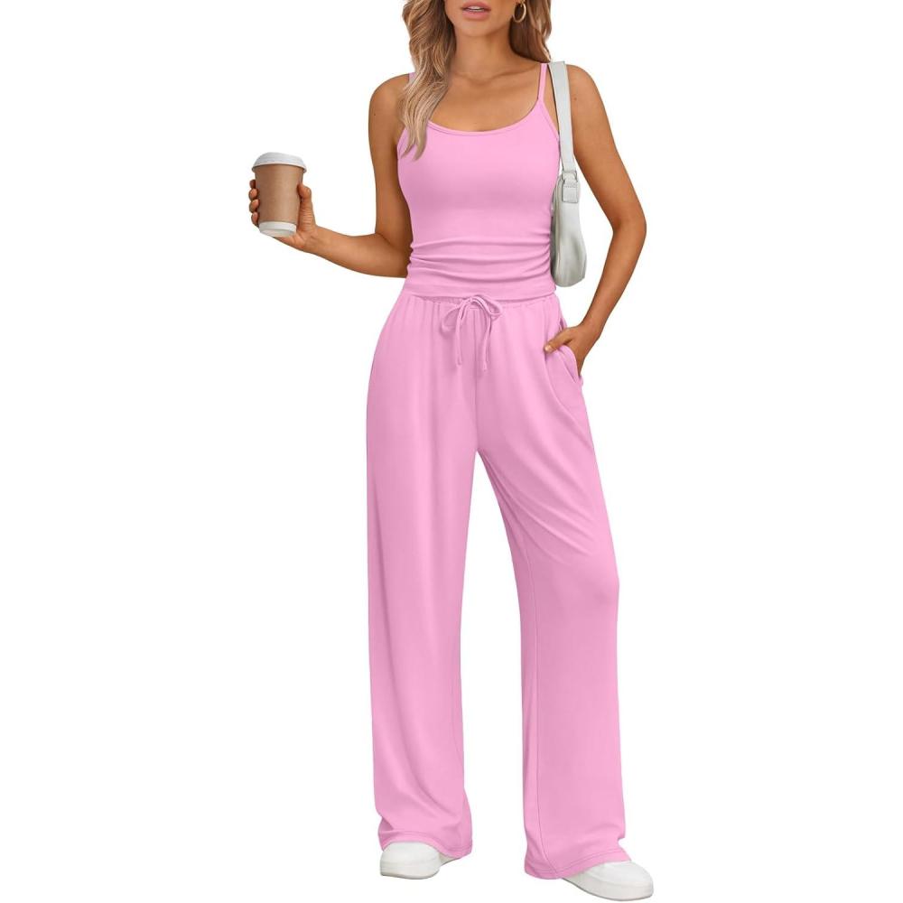 imageTrendy Queen Womens 2Piece Lounge Set  Camisole Top ampamp Wide Leg PantsPink