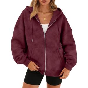 Trendy Queen Zip Up Hoodies for Women Oversized Acid Wash Sweatshirt Winter Fashion Jacket Cute Y2k Fall teen girls pullover(Winered)