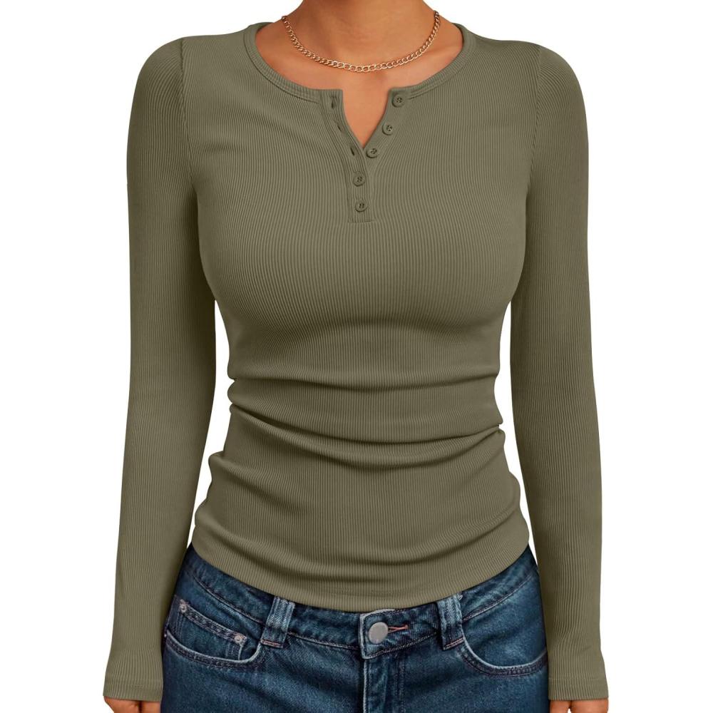 imageTrendy Queen Long Sleeve Henley Shirts for Women Fall Winter Ribbed Thermal Tops Casual Blouses Basics Tees Cute SweatersArmygreen