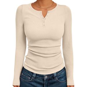 Trendy Queen Long Sleeve Henley Shirts for Women Fall Winter Ribbed Thermal Tops Casual Blouses Basics Tees Cute Sweaters(Apricot)
