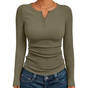 Trendy Queen Long Sleeve Henley Shirts for Women Fall Winter Ribbed Thermal Tops Casual Blouses Basics Tees Cute Sweaters(Armygreen)