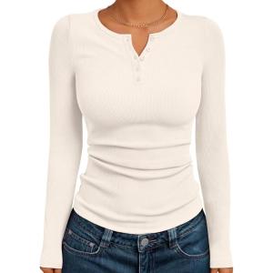 Trendy Queen Long Sleeve Henley Shirts for Women Fall Winter Ribbed Thermal Tops Casual Blouses Basics Tees Cute Sweaters(Beige)