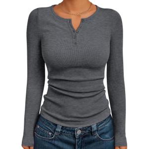 Trendy Queen Long Sleeve Henley Shirts for Women Fall Winter Ribbed Thermal Tops Casual Blouses Basics Tees Cute Sweaters(Dark Grey)