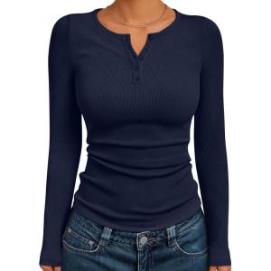 Trendy Queen Long Sleeve Henley Shirts for Women Fall Winter Ribbed Thermal Tops Casual Blouses Basics Tees Cute Sweaters(Navyblue)